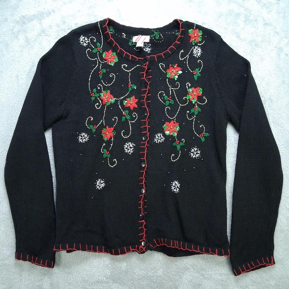 Womens Large Christmas Cardigan Black Poinsettia Sequin Holiday Sweater